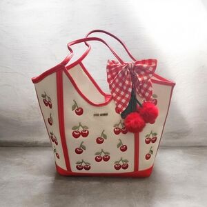 Cherry-Embroidered Red & Cream Canvad Tote Bag with Bow Accent